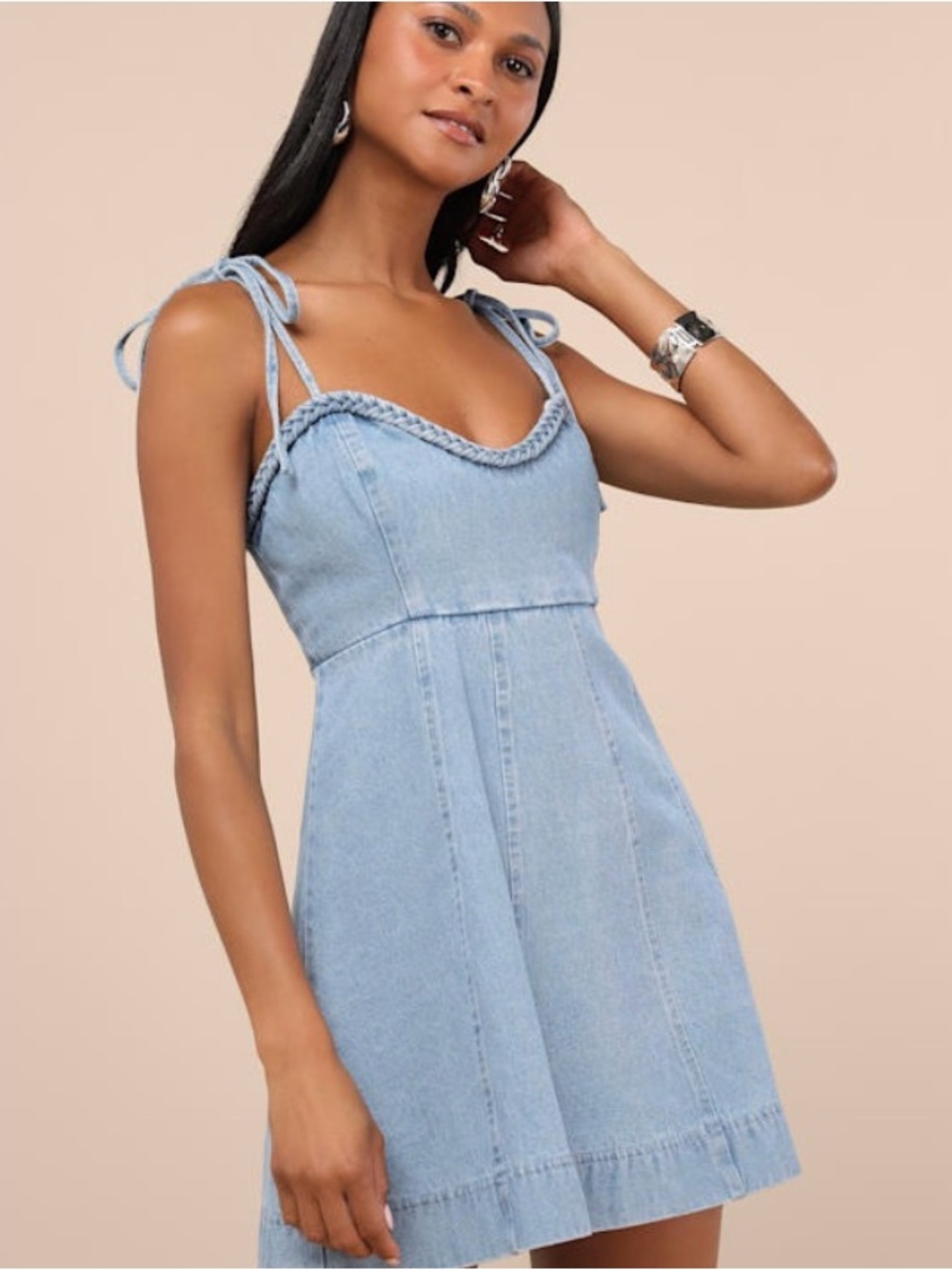 LuLus Kamda Light Wash Denim - Tie Strap Mini Dress Blue Size-L